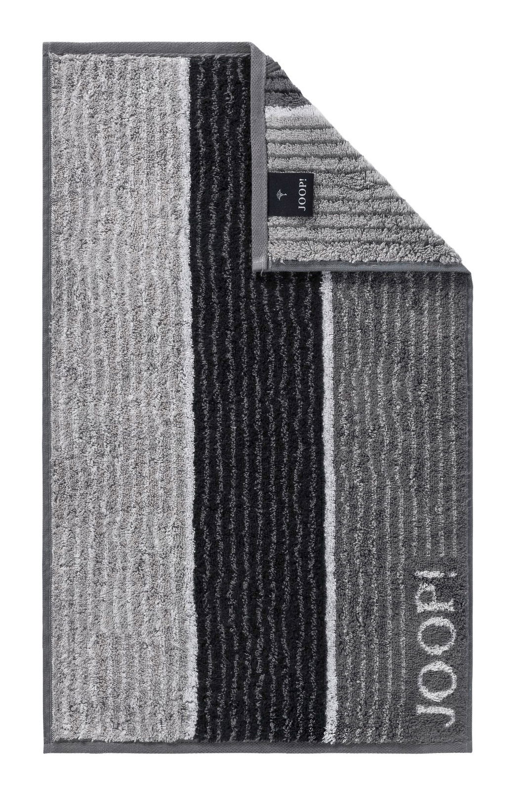 JOOP! Gästetuch SIGNATURE Gästetuch mit grauen und schwarzen Streifen, Markenname JOOP! sichtbar, Draufsicht