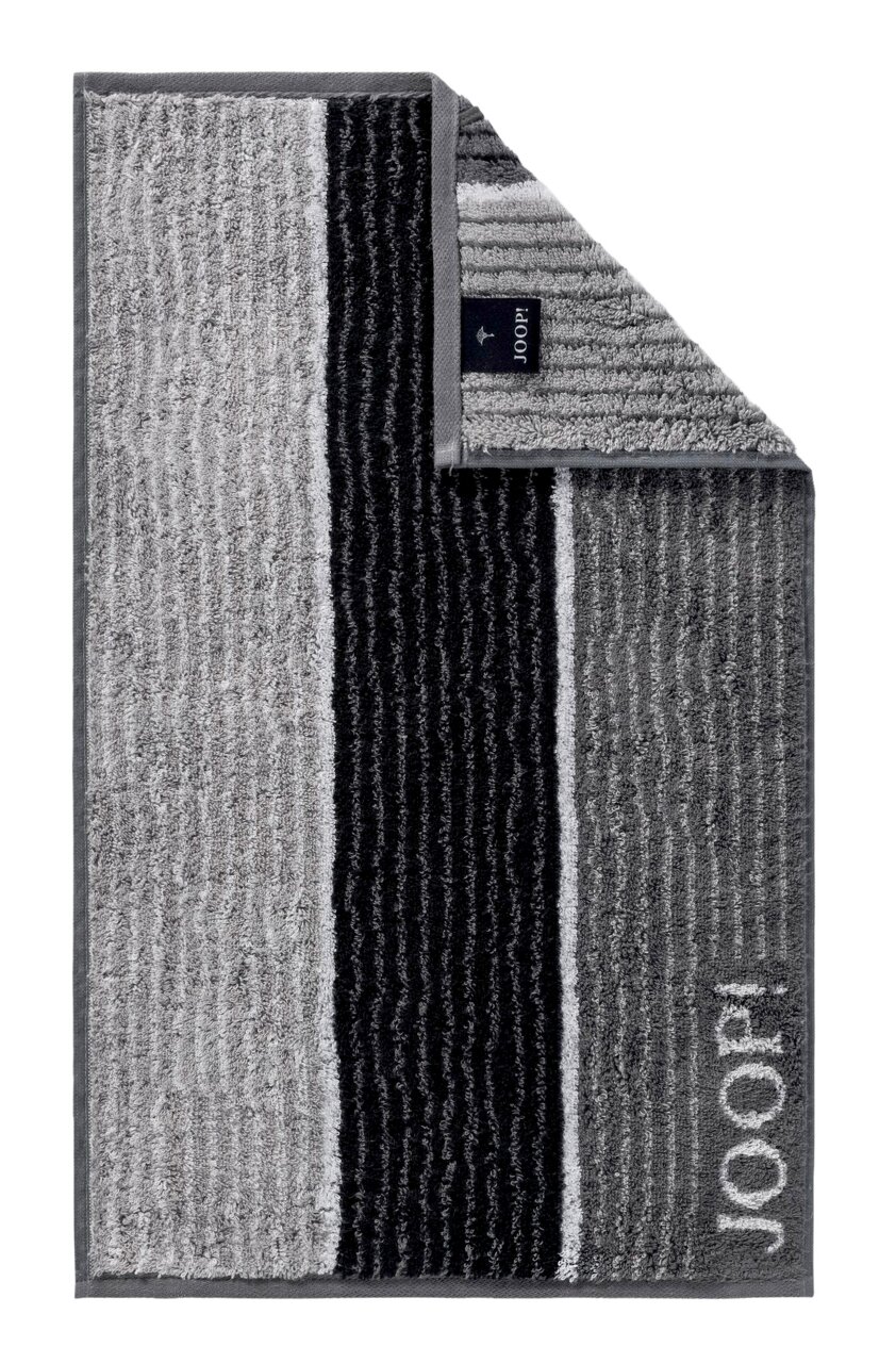 Gästetuch mit grauen und schwarzen Streifen, Markenname JOOP! sichtbar, Draufsicht