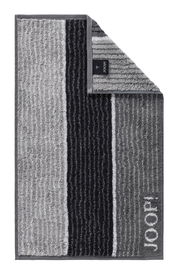 Gästetuch mit grauen und schwarzen Streifen, Markenname JOOP! sichtbar, Draufsicht