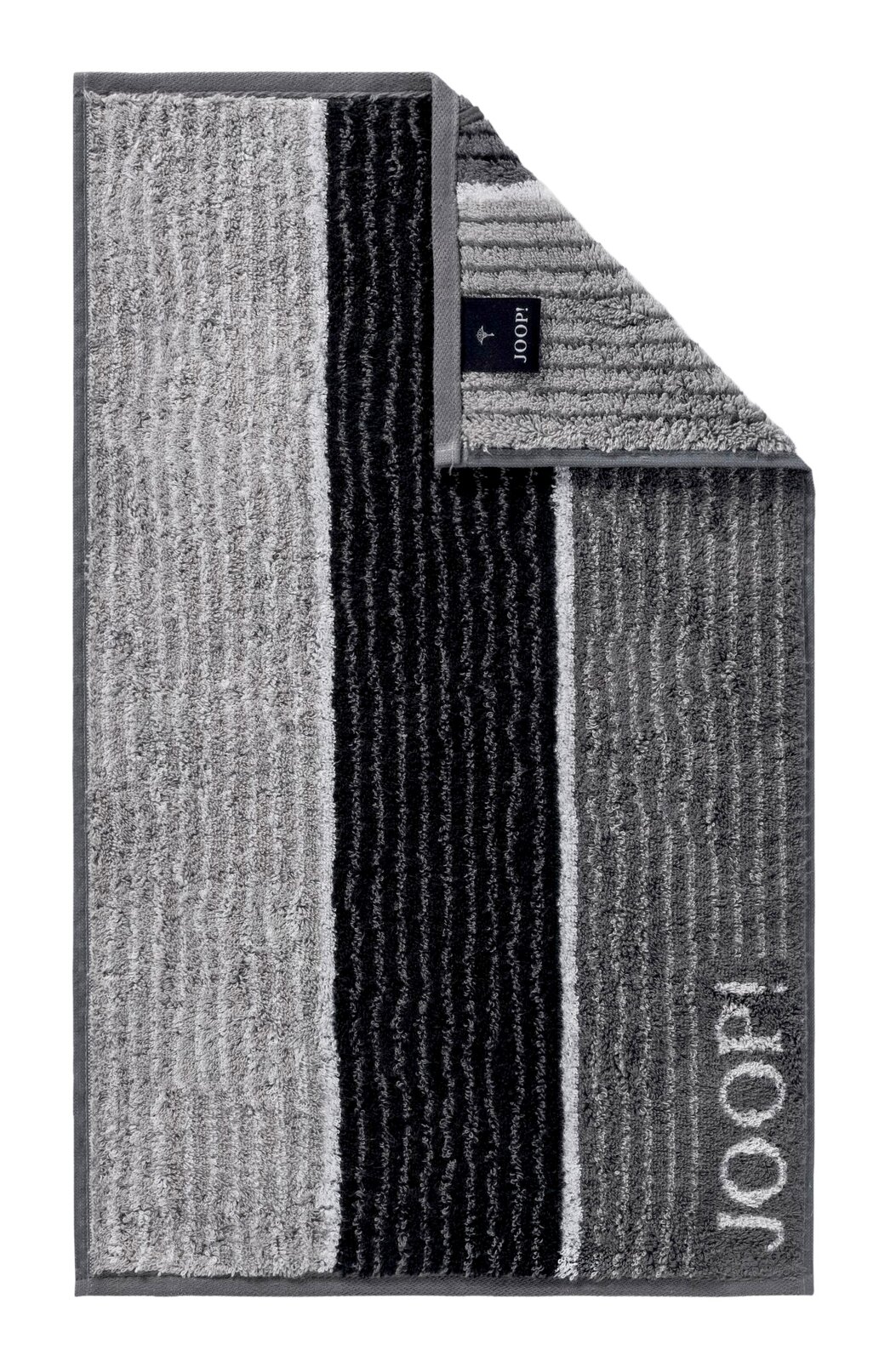 JOOP! Gastenhanddoek SIGNATURE Gastenhanddoek met grijze en zwarte strepen, merknaam JOOP! duidelijk zichtbaar, bovenaanzicht