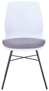 Moderner Stuhl mit weißer Rückenlehne, grauem Sitzpolster und schwarzen Metallbeinen, Frontalansicht