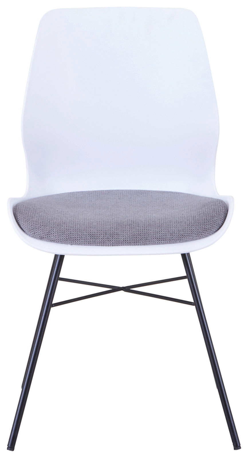 Moderner Stuhl mit weißer Rückenlehne, grauem Sitzpolster und schwarzen Metallbeinen, Frontalansicht