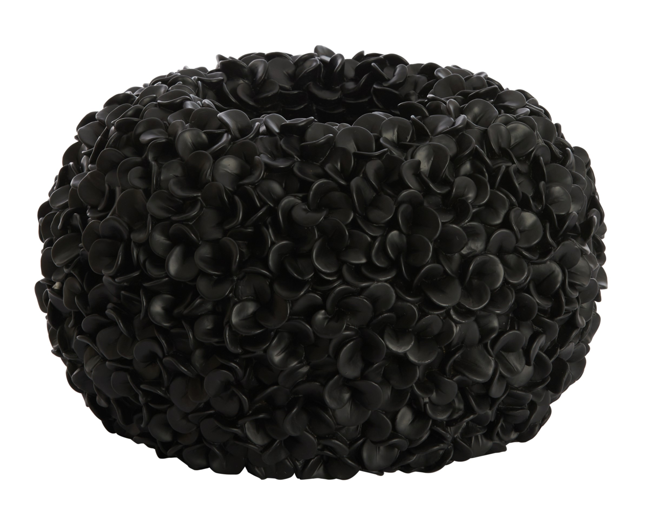 Schwarze, runde Vase mit blütenartiger Struktur, seitliche Perspektive