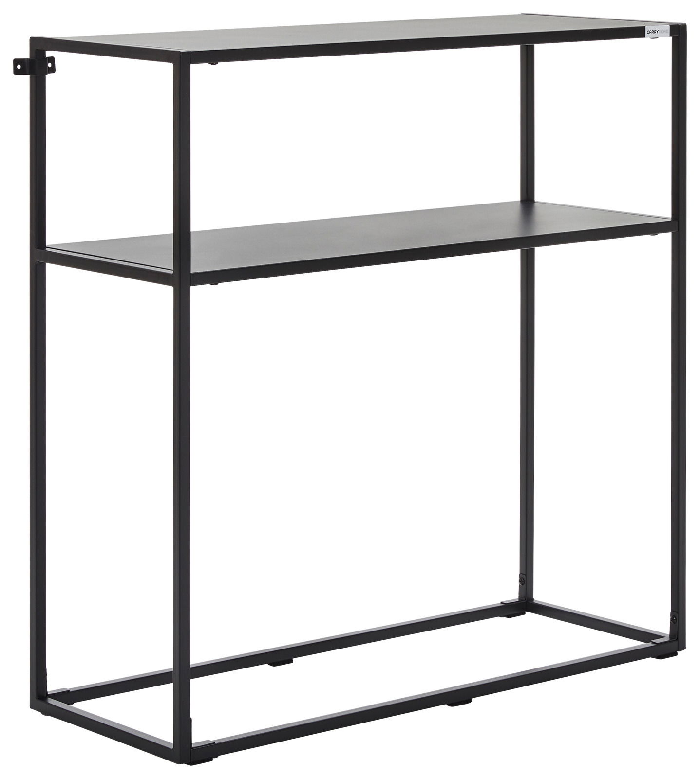 Schwarze Metallkonsole mit zwei Regalböden, seitliche Perspektive