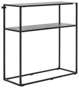 Schwarze Metallkonsole mit zwei Regalböden, seitliche Perspektive