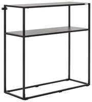 Schwarze Metallkonsole mit zwei Regalböden, seitliche Perspektive