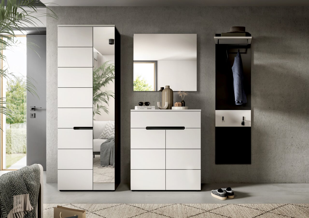 MID.YOU Garderobecombinatie CANU Modernes Flurmöbel-Set in Weiß und Schwarz mit hohem Schrank mit Spiegeltür, Kommode und Wandgarderobe samt Spiegel, frontal aus leicht erhöhter Perspektive fotografiert