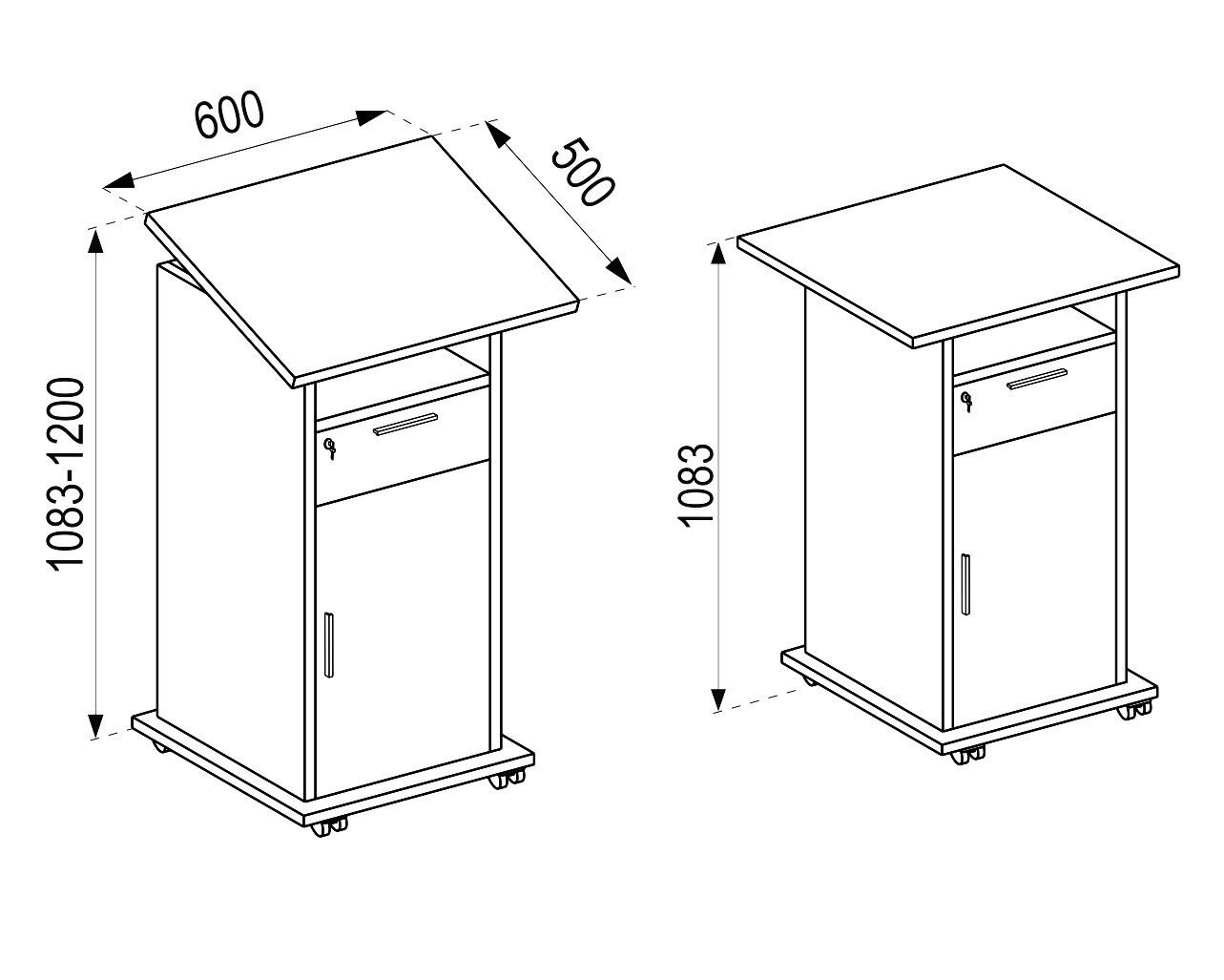 Technische Strichzeichnung eines mobilen Rednerpults/Stehpults mit Rollen, Türfach und Schublade, Maße ca. 600×500 mm, Höhe 1083–1200 mm (links mit geneigter, höhenverstellbarer Platte rechts frontal in 3/4-Ansicht mit horizontaler Platte).
