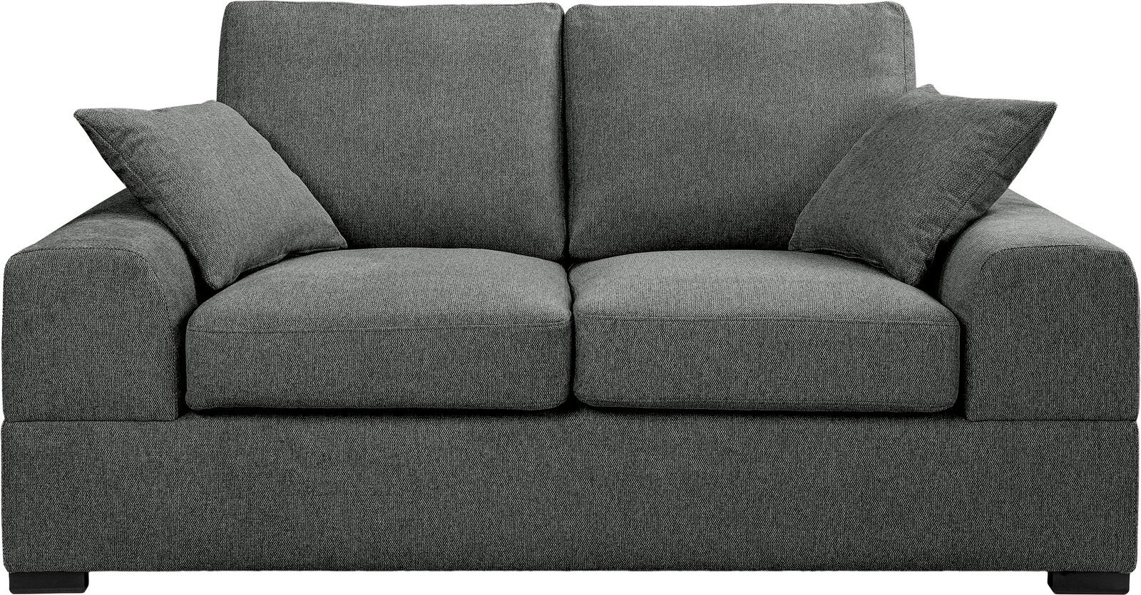 Dunkelgraues 2-Sitzer-Stoffsofa mit zwei Sitz- und Rückenkissen sowie zwei Zierkissen, Frontansicht