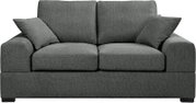 Dunkelgraues 2-Sitzer-Stoffsofa mit zwei Sitz- und Rückenkissen sowie zwei Zierkissen, Frontansicht