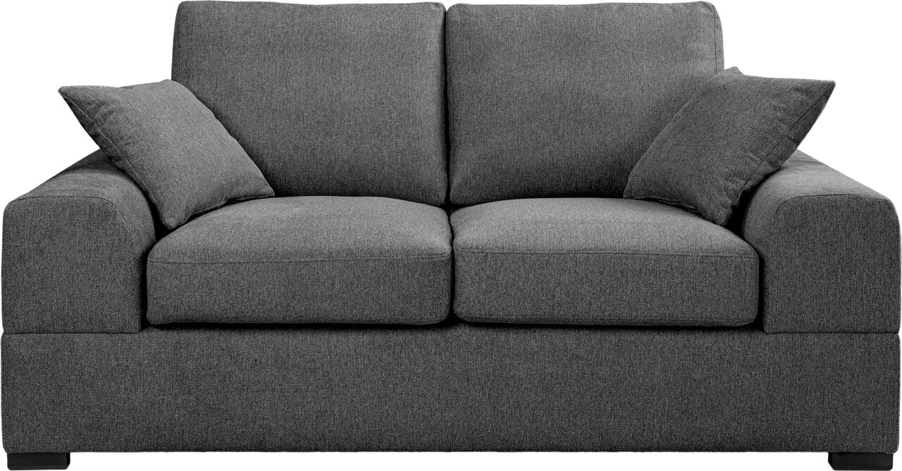 Dunkelgraues 2-Sitzer-Stoffsofa mit zwei Sitz- und Rückenkissen sowie zwei Zierkissen, Frontansicht