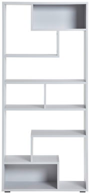 Moderner weißer Raumteiler mit asymmetrischen Regalfächern, frontal betrachtet.