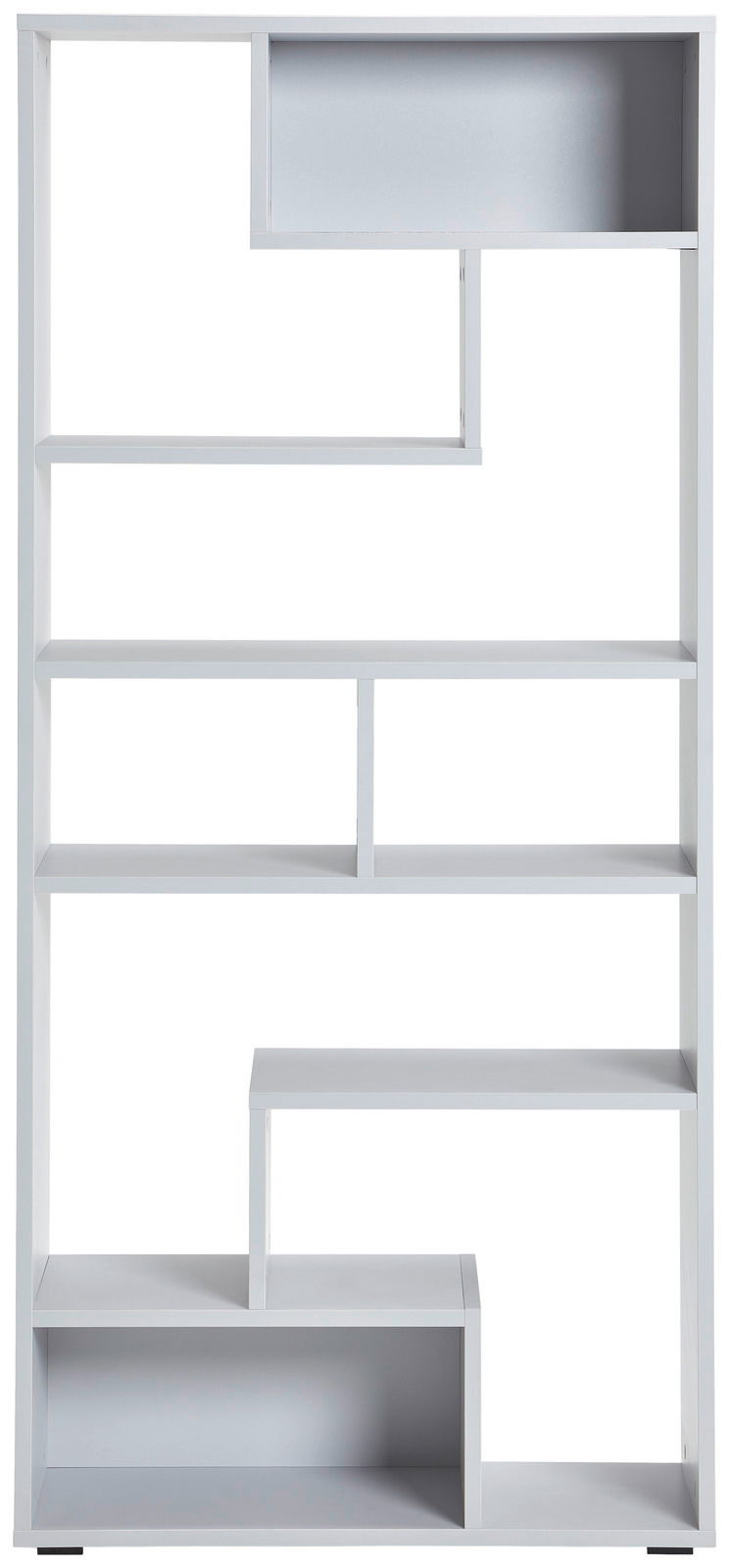 Moderner weißer Raumteiler mit asymmetrischen Regalfächern, frontal betrachtet.