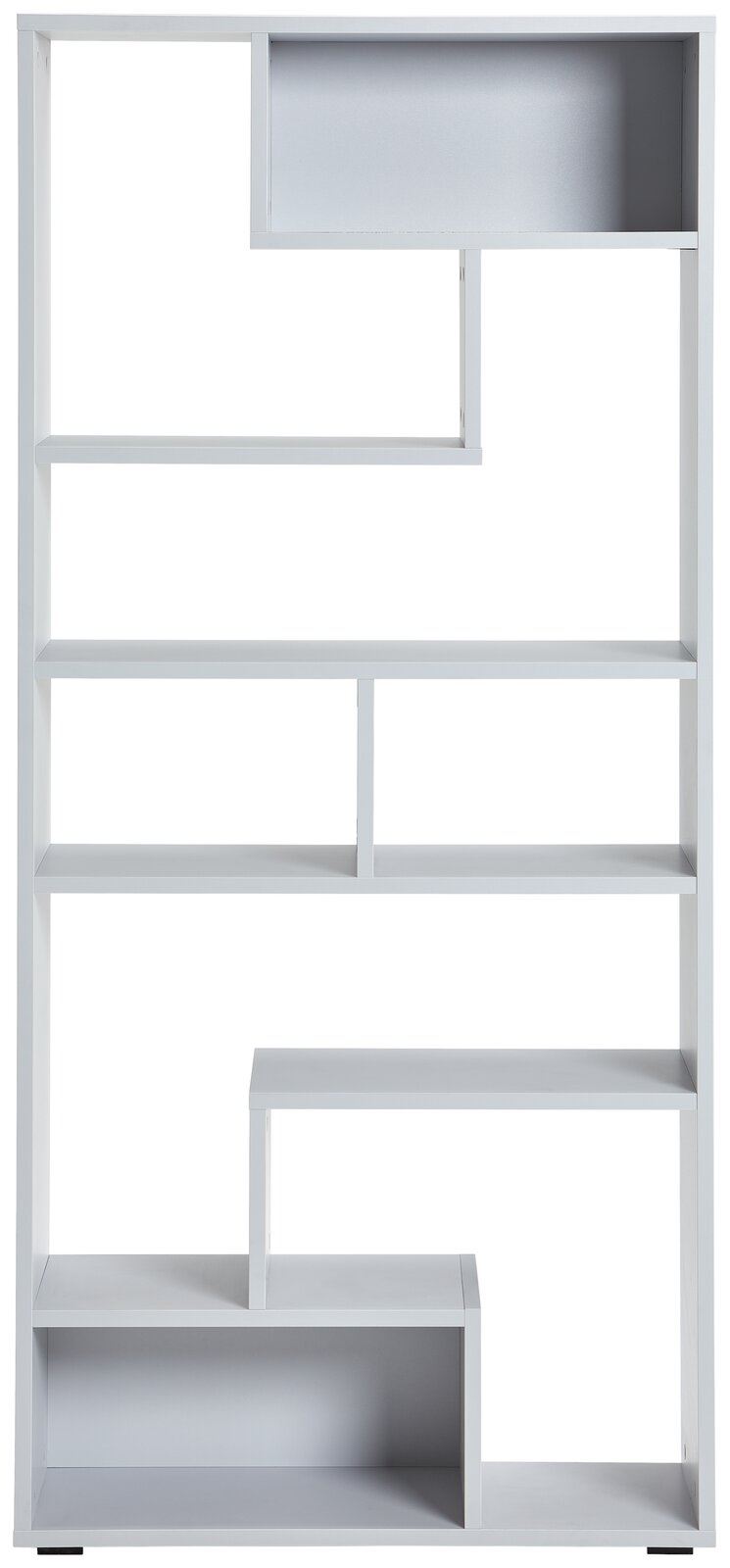 Moderner weißer Raumteiler mit asymmetrischen Regalfächern, frontal betrachtet.