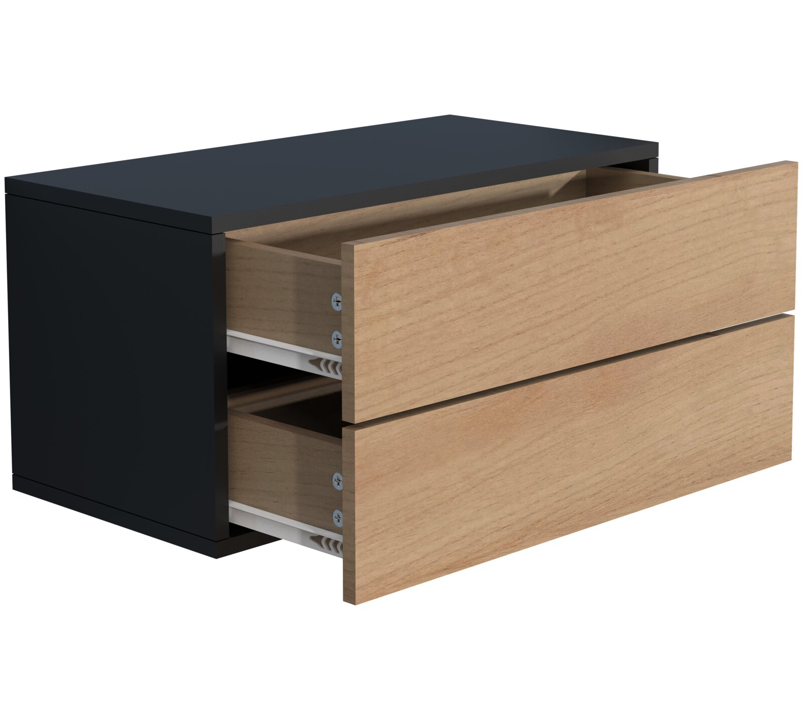 Modernes Sideboard/Kommode in Schwarz mit zwei Holz-Schubladen, obere Schublade geöffnet; Ansicht schräg von vorne links (3/4-Perspektive).
