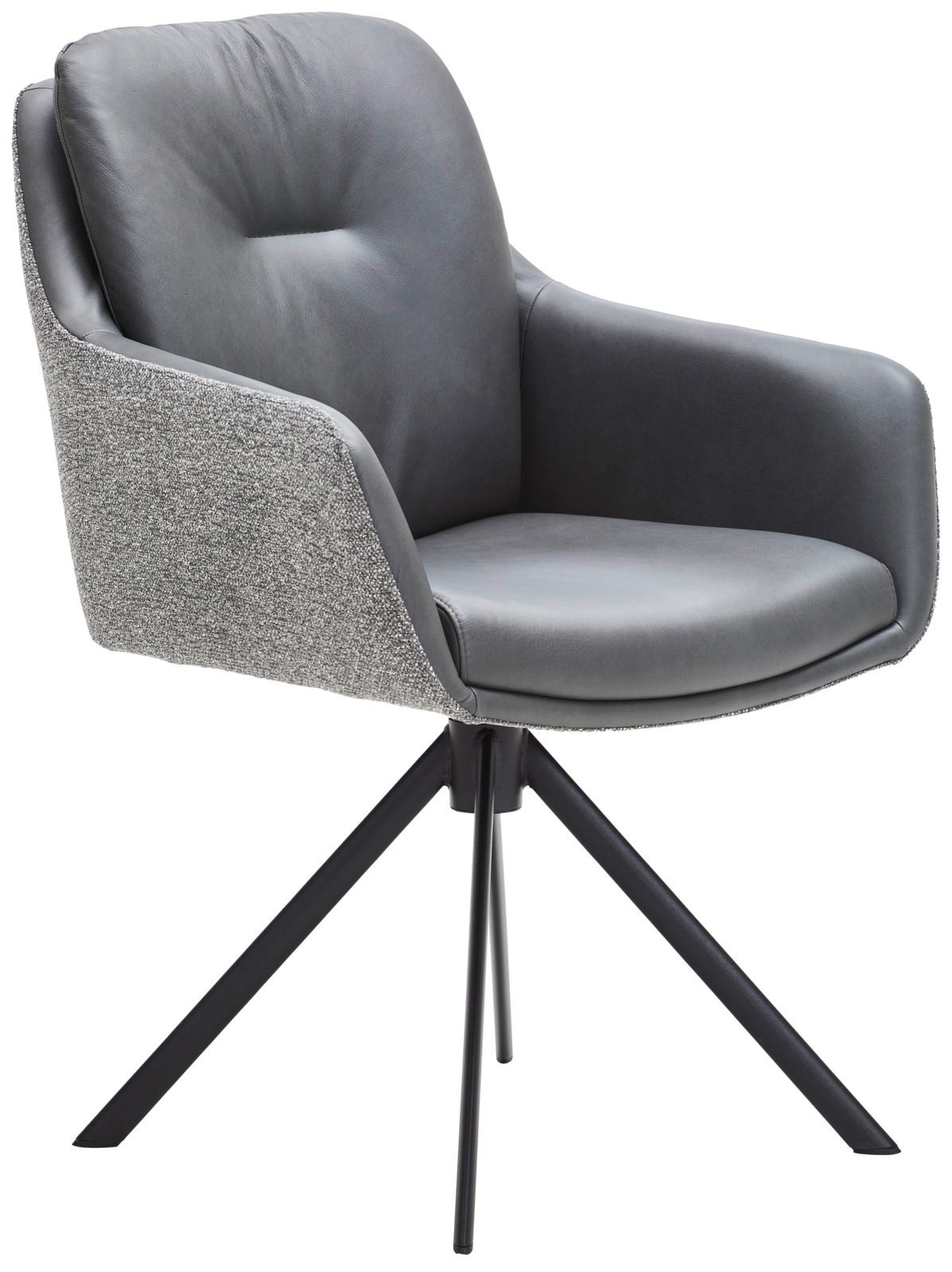 Moderner Armlehnstuhl mit grauem Polster und Stoffrücken, auf schwarzem Metallgestell, seitliche Perspektive