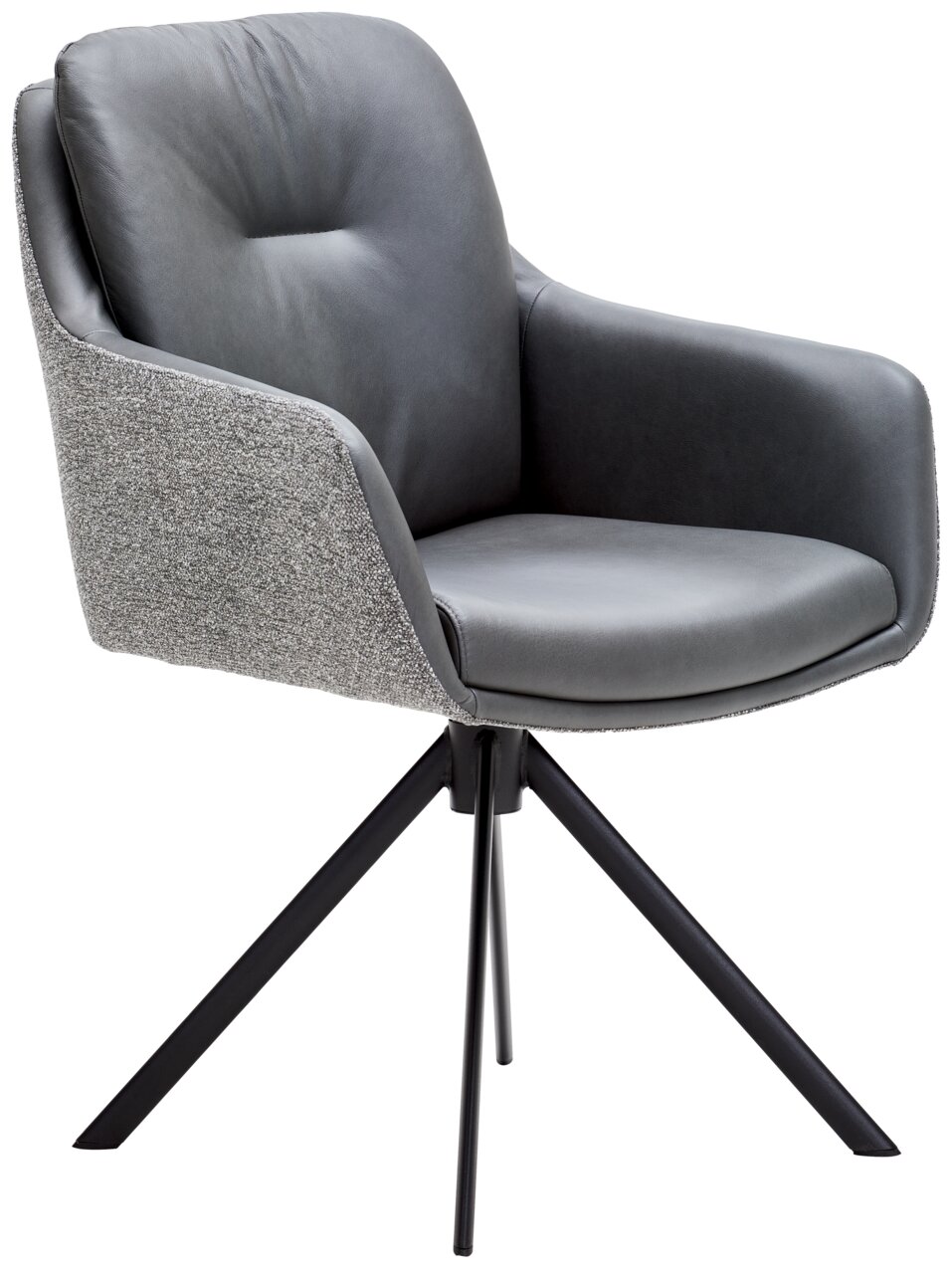 Moderner Armlehnstuhl mit grauem Polster und Stoffrücken, auf schwarzem Metallgestell, seitliche Perspektive