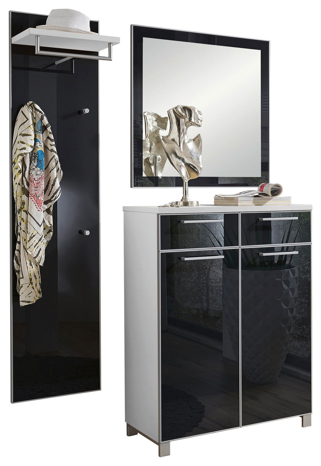 VOSS Garderoben-Set 3-tlg. SANTINA Garderoben-Set 3-tlg. in moderner Perspektive mit Spiegel, Hakenleiste und Schrank, dekoriert mit Hut und Schal.