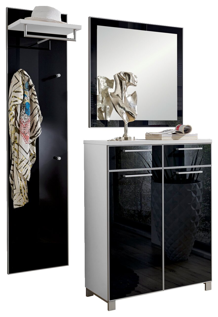 VOSS Garderoben-Set 3-tlg. SANTINA Garderoben-Set 3-tlg. in moderner Perspektive mit Spiegel, Hakenleiste und Schrank, dekoriert mit Hut und Schal.
