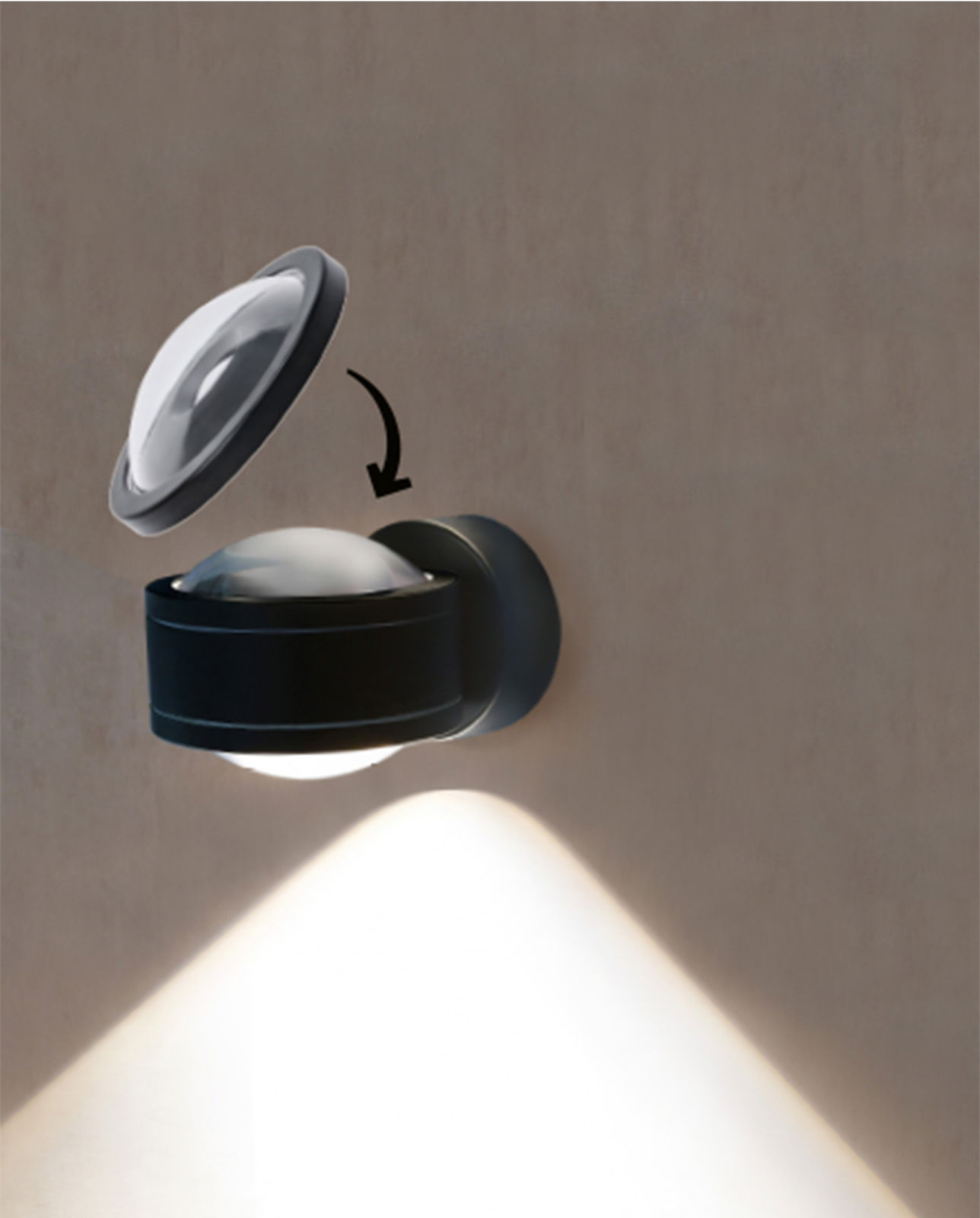 LED Wandleuchte in seitlicher Perspektive mit abnehmbarem oberen Teil, das Licht nach unten strahlt.