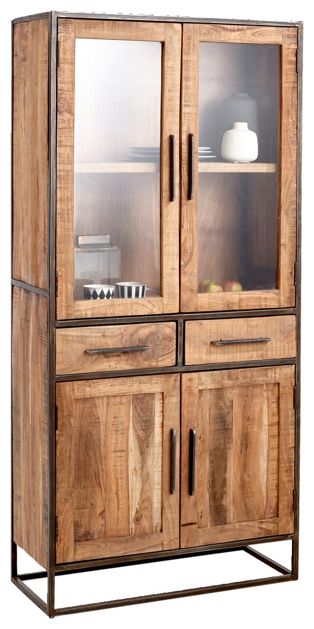 Vitrine aus Holz mit Glasfronten, zwei Schubladen und Metallrahmen, frontal betrachtet.