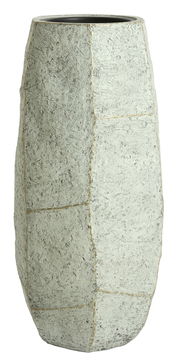 Großer, strukturierter, grauer Topf aus Steinoptik, seitliche Perspektive