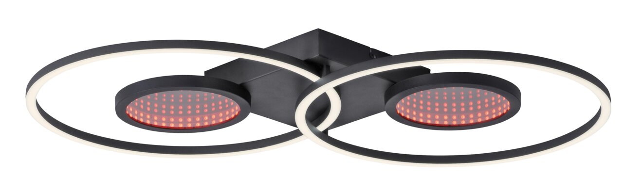 Moderne plafondlamp TUNEL met twee ronde led-lichtringen en rode accenten, zijaanzicht