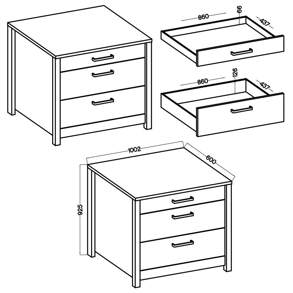Schubkastenunterschrank mit drei Schubladen, perspektivische Ansicht von vorne und oben, inklusive Maßangaben.