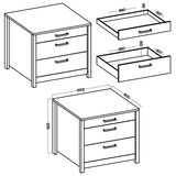 Schubkastenunterschrank mit drei Schubladen, perspektivische Ansicht von vorne und oben, inklusive Maßangaben.