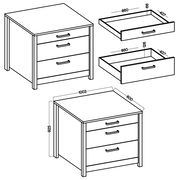 Schubkastenunterschrank mit drei Schubladen, perspektivische Ansicht von vorne und oben, inklusive Maßangaben.
