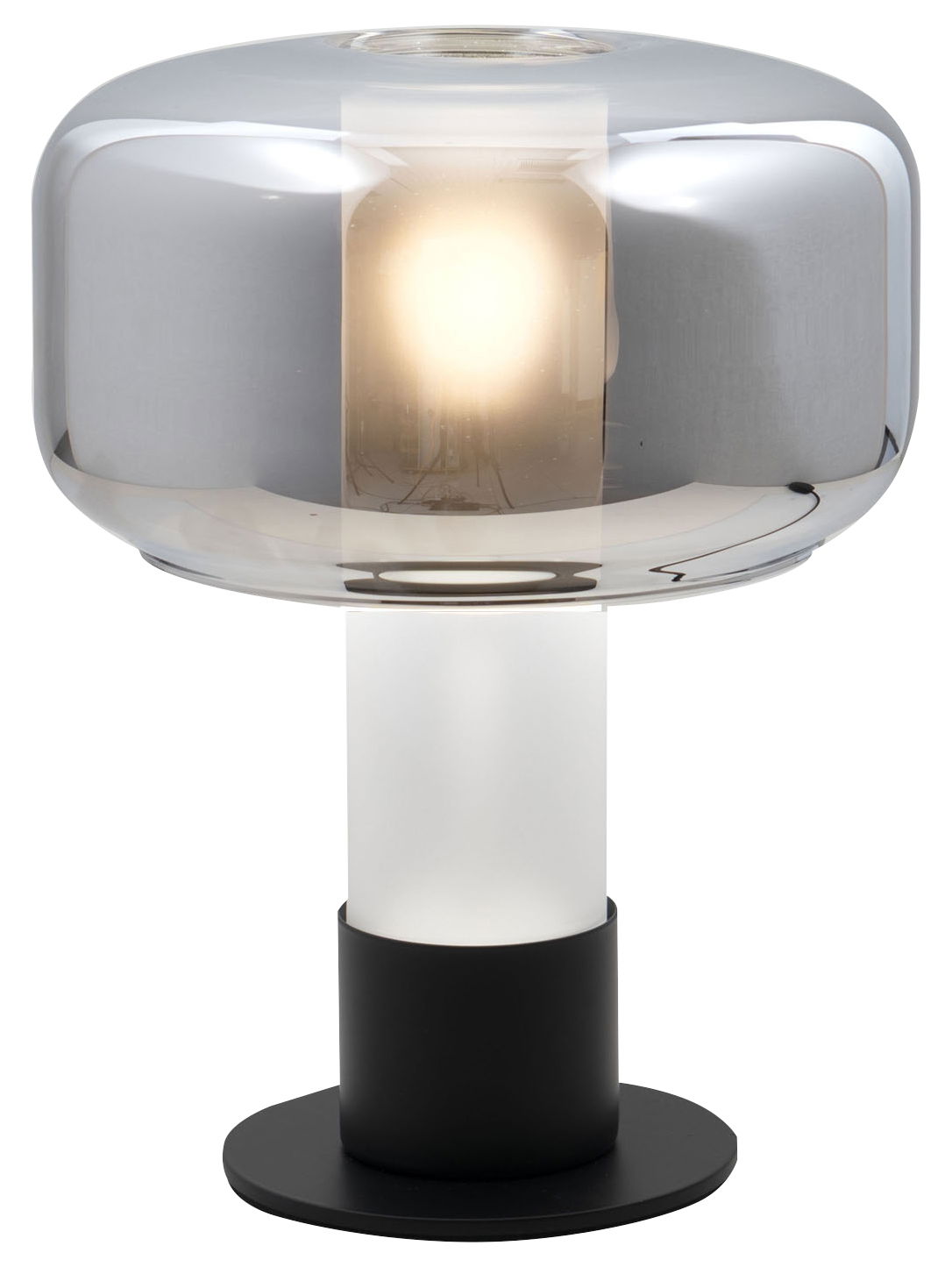 Moderne Tischleuchte mit rundem, transparentem Lampenschirm und schwarzem Sockel, seitliche Perspektive