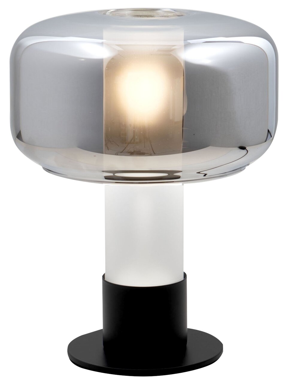 Fabas Luce Tischleuchte FLICK Moderne Tischleuchte mit rundem, transparentem Lampenschirm und schwarzem Sockel, seitliche Perspektive