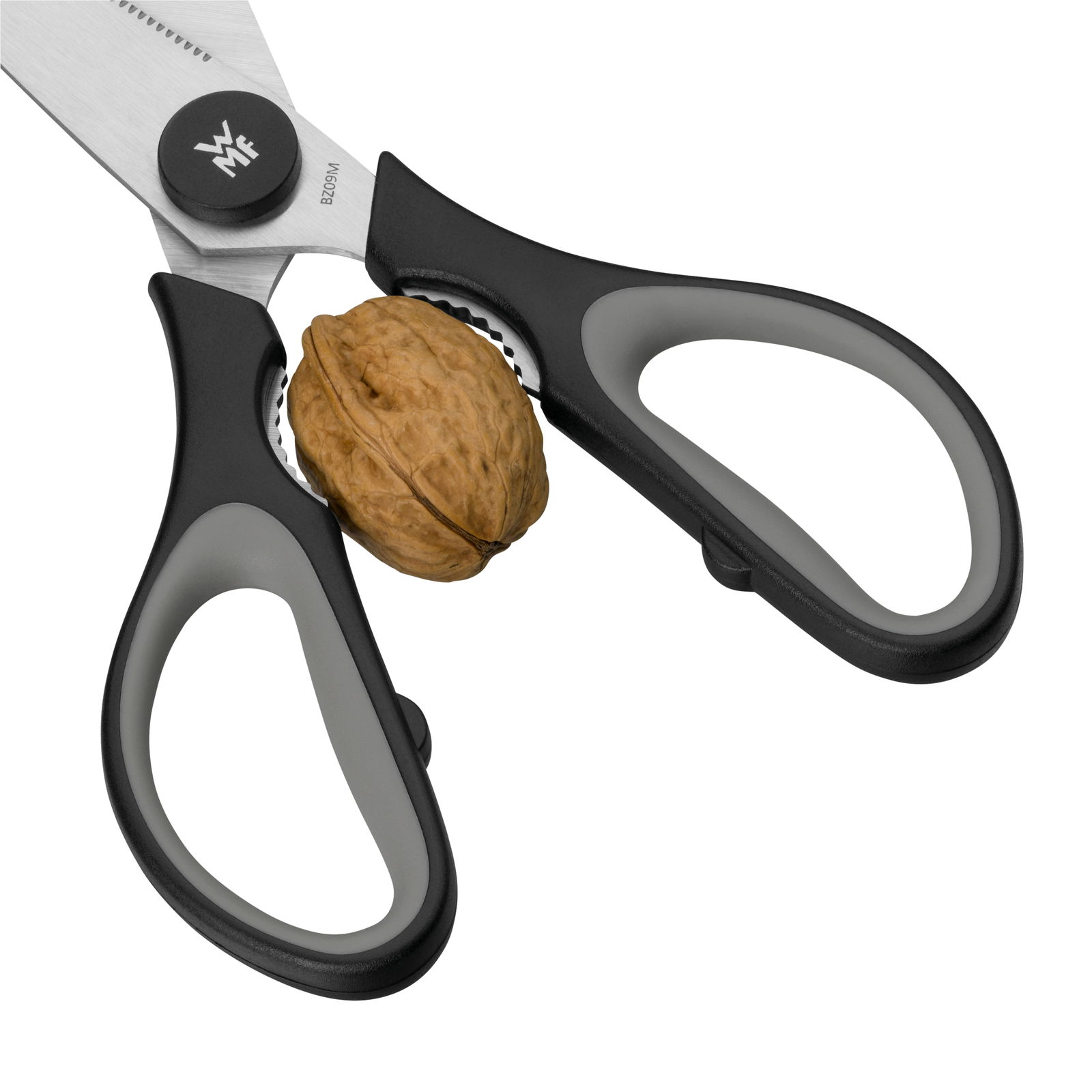Küchenschere Touch in schwarz mit integriertem Nussknacker, seitliche Perspektive