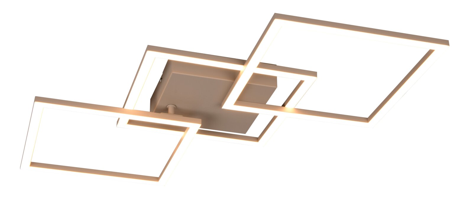 Moderne LED-Deckenleuchte in Weiß mit drei überlappenden, quadratischen Lichtrahmen, eingeschaltet, aus Untersicht in leichter Perspektive vor weißem Hintergrund.