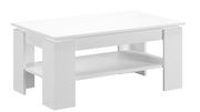 Moderner weißer Couchtisch mit rechteckiger Form und zusätzlicher Ablagefläche, seitliche Perspektive