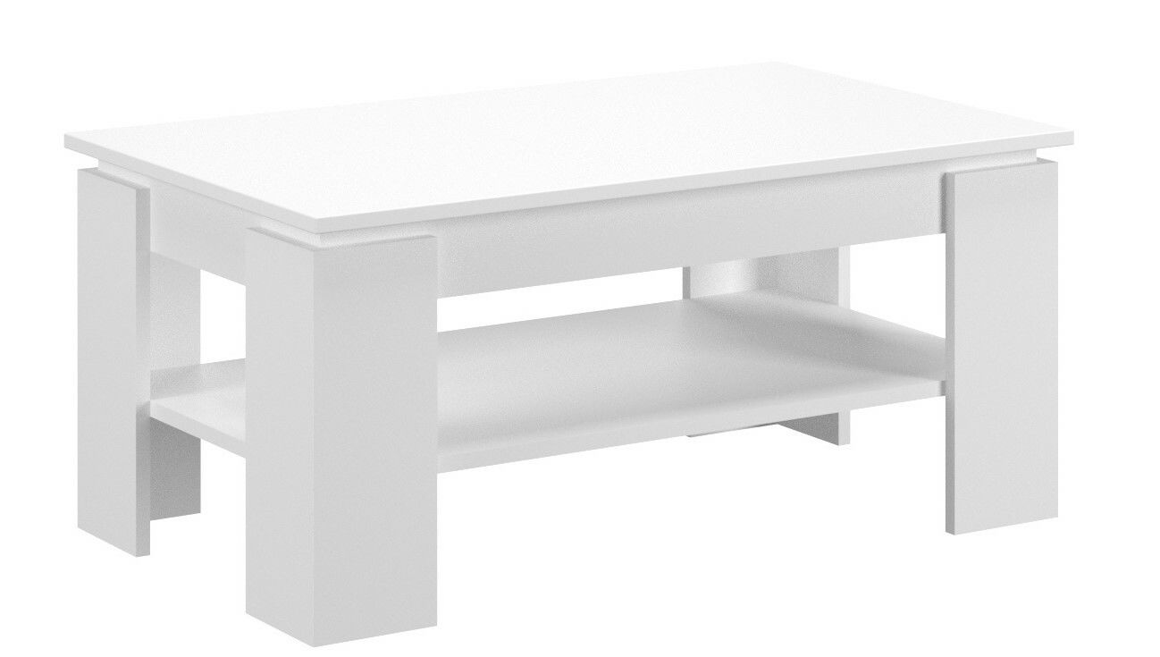 Moderner weißer Couchtisch mit rechteckiger Form und zusätzlicher Ablagefläche, seitliche Perspektive