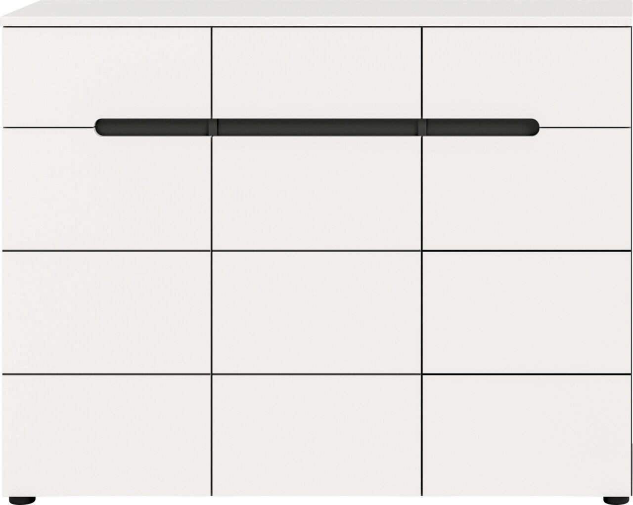 Weiße, moderne Kommode/Sideboard mit 12 quadratischen Fronten und durchgehendem schwarzen Griff, frontale Ansicht