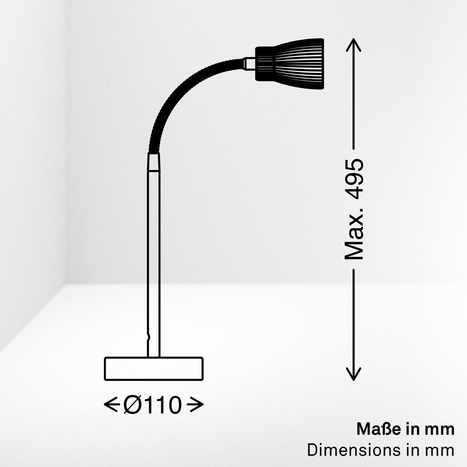 Technische Seitenansicht einer schwarzen LED-Schwanenhalsleuchte mit rundem Standfuß (Ø 110 mm) und maximaler Höhe 495 mm, Maßangaben in mm