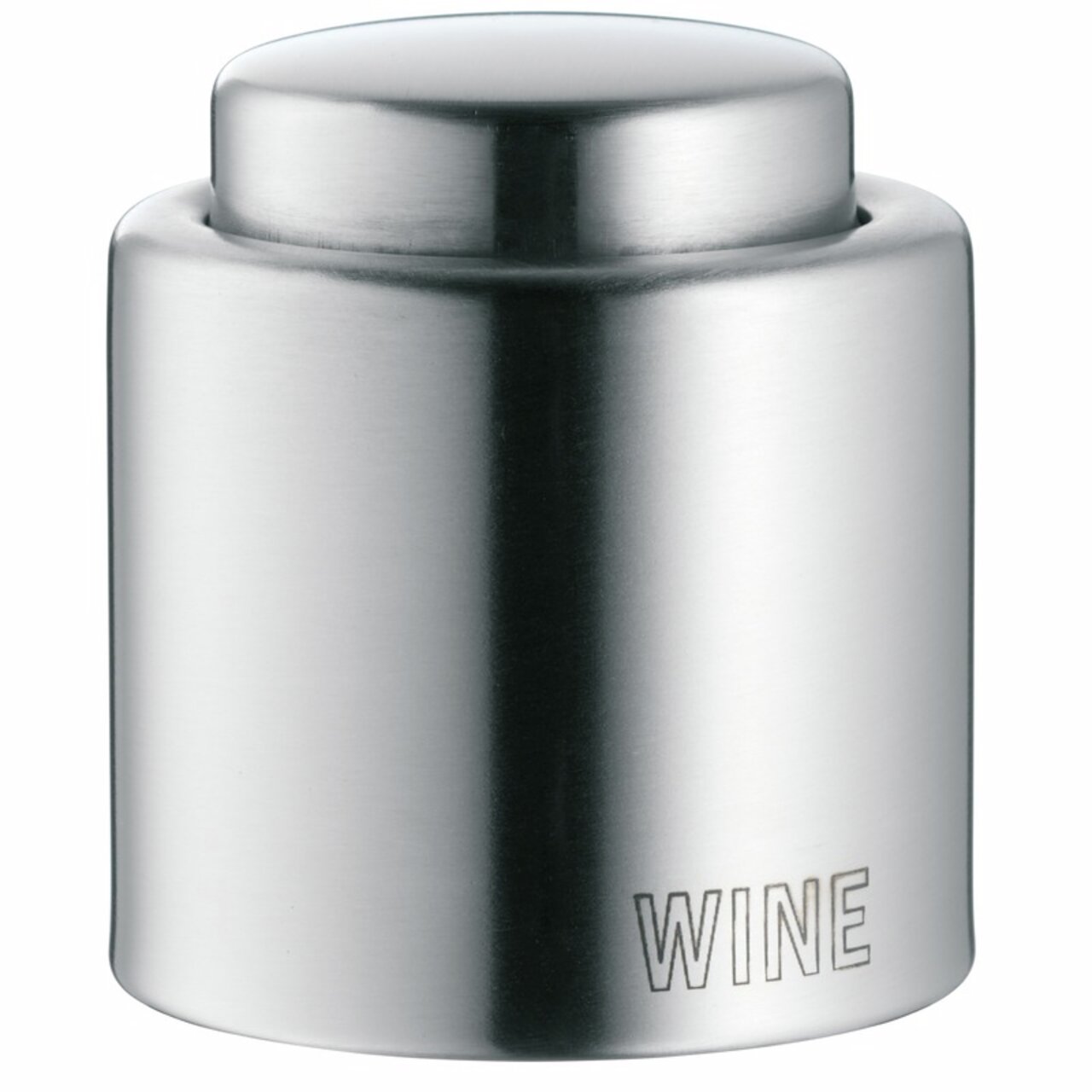 WMF Wijnflesdop CLEVER & MORE Zilveren wijnflesdop van roestvrij staal met het opschrift 'WINE', hier vooraanzicht.