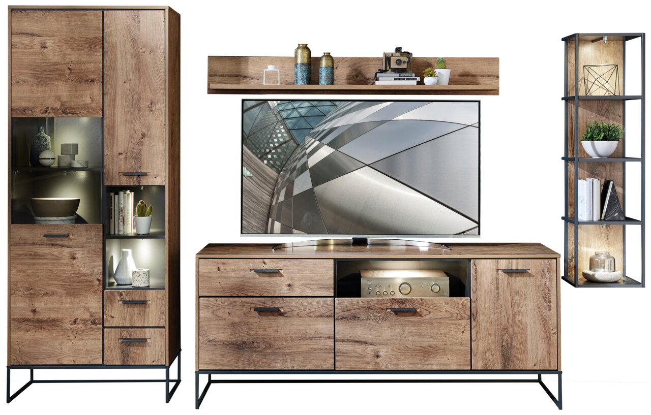 Zurbrüggen Wandkombination MANHATTAN Moderne Wandkombination aus Holz mit TV-Schrank, Vitrine und Regal, frontal betrachtet.