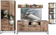 Moderne Wandkombination aus Holz mit TV-Schrank, Vitrine und Regal, frontal betrachtet.