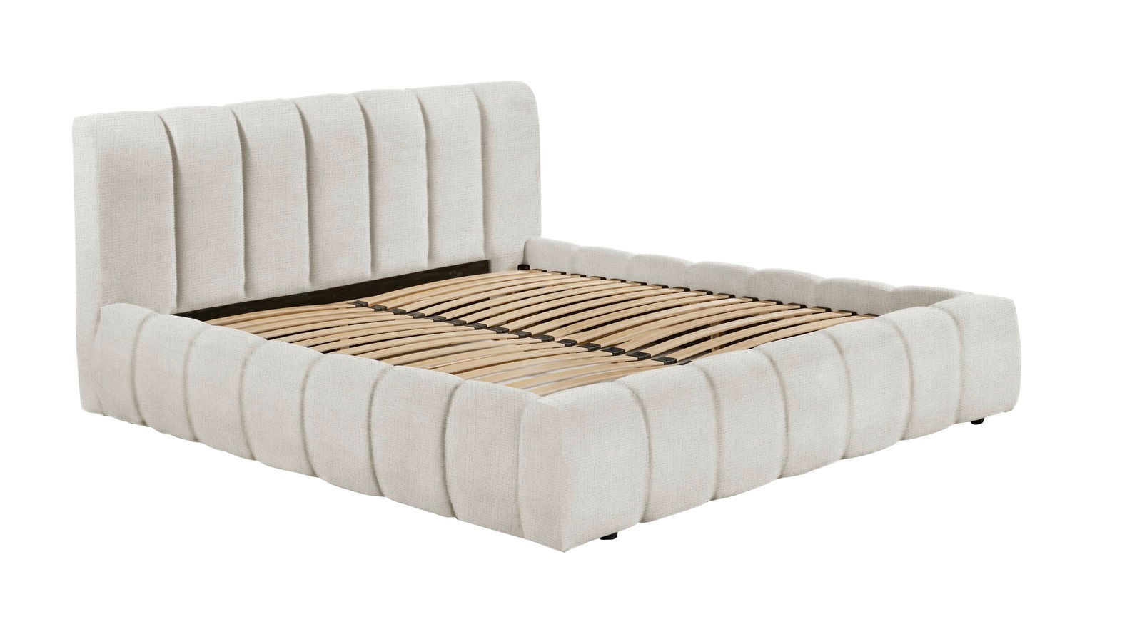 Seitliche Ansicht eines modernen Polsterbetts mit hellem Stoffbezug und Lattenrost.