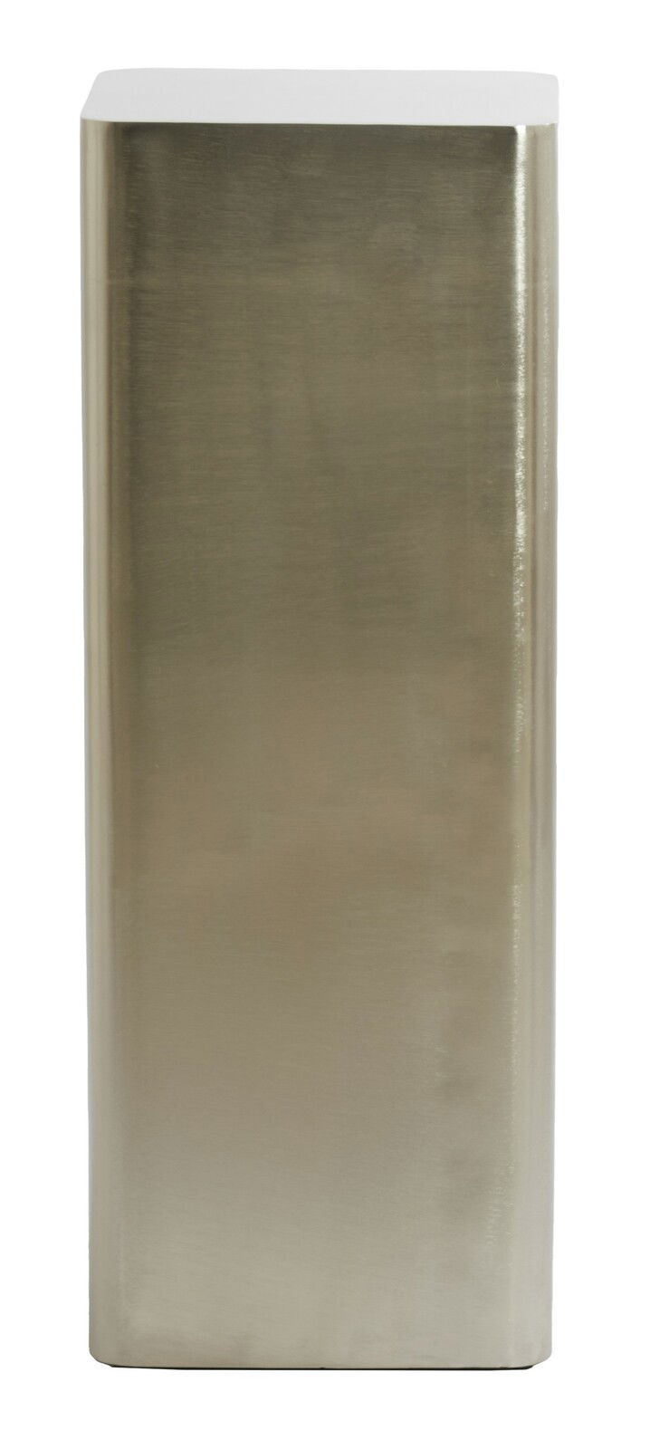 Ansicht einer rechteckigen, metallisch glänzenden Säule mit abgerundeten Ecken, frontal fotografiert.