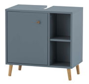 Moderner Waschbeckenunterschrank in graublauer Farbe mit Holzbeinen, Frontansicht