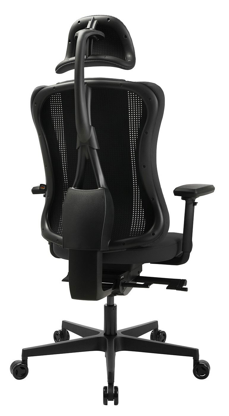 Rückansicht eines ergonomischen Gaming-Stuhls mit Kopfstütze und Netzrückenlehne