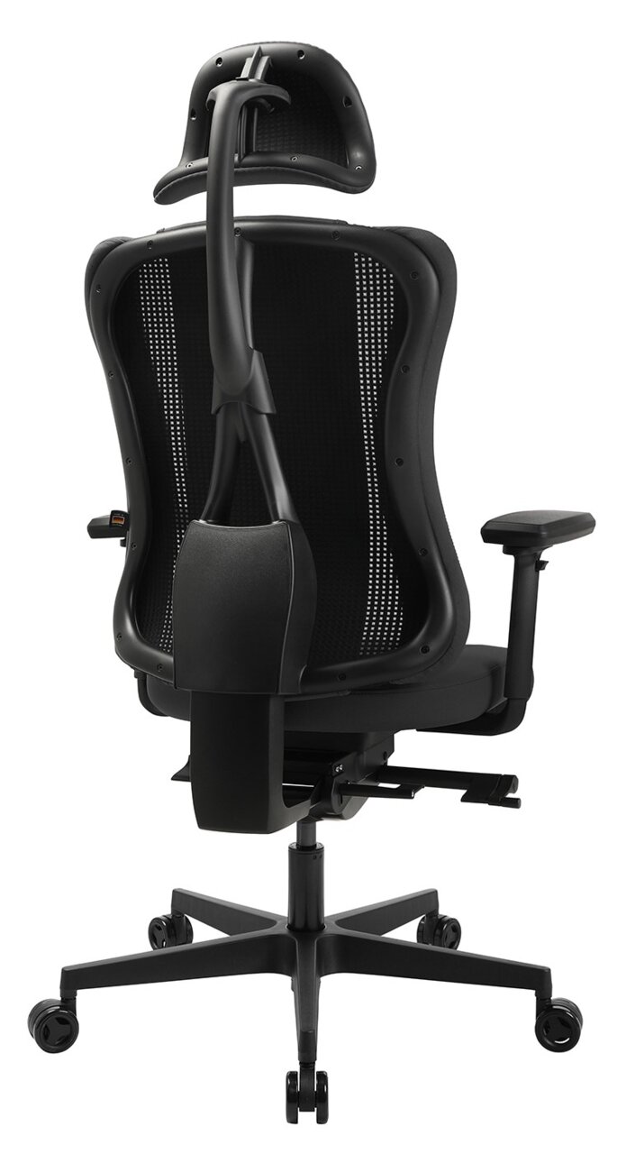 Achterkant van een ergonomische gamingstoel met hoofdsteun en rugleuning van gaas