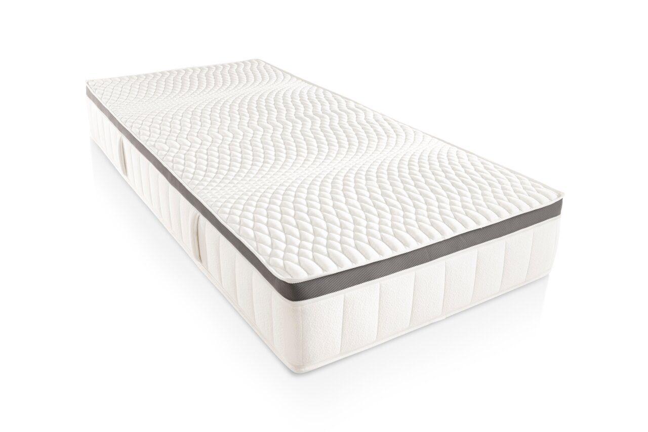 Linneweber 7-Zonen TTFK/Gel-Matratze 1000 H4 CURACAO Seitliche Perspektive auf eine weiße Matratze mit gestepptem Muster und grauem Rand.