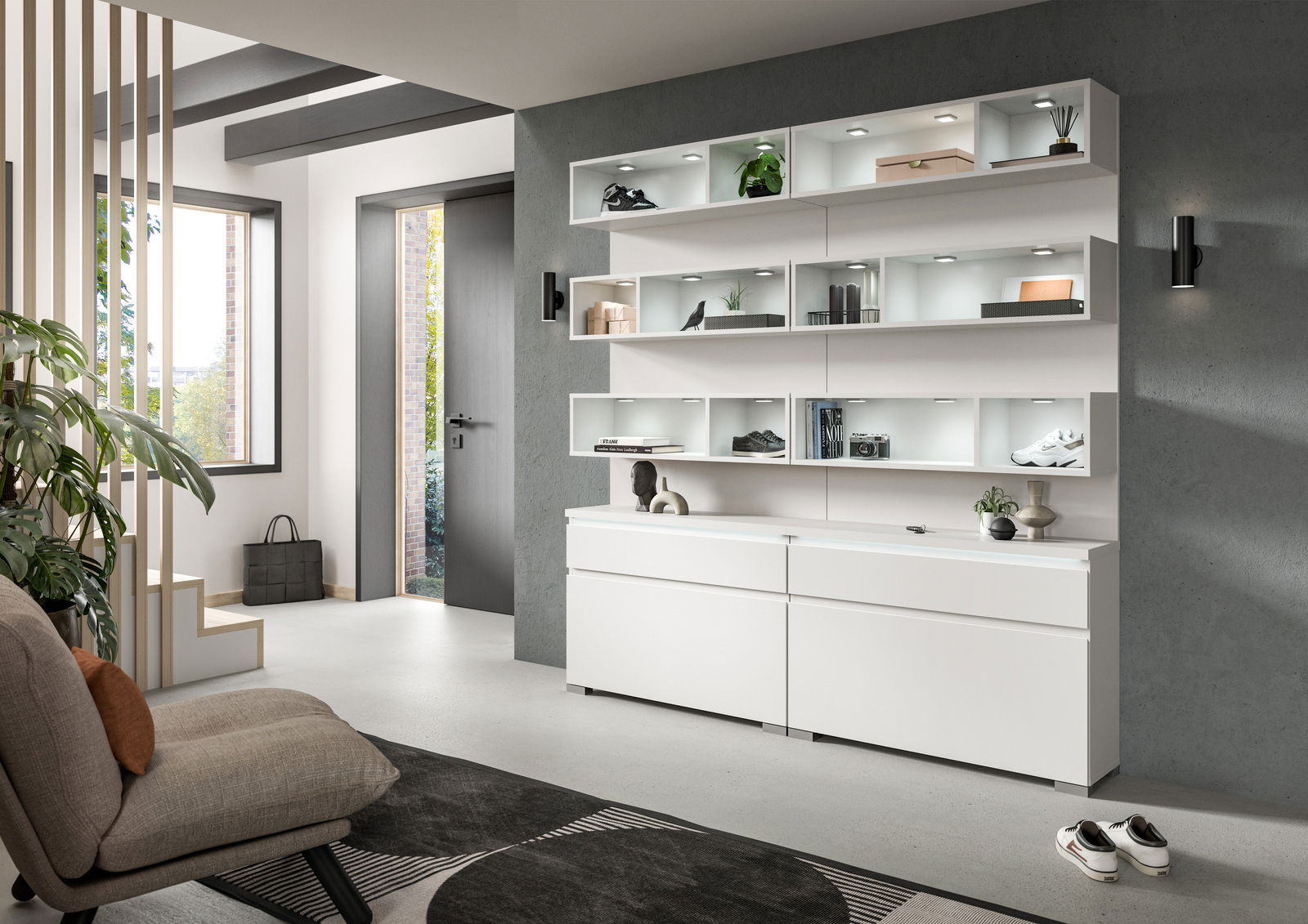 Moderner weißer Schuhschrank mit offenen Regalen und Beleuchtung, seitliche Perspektive