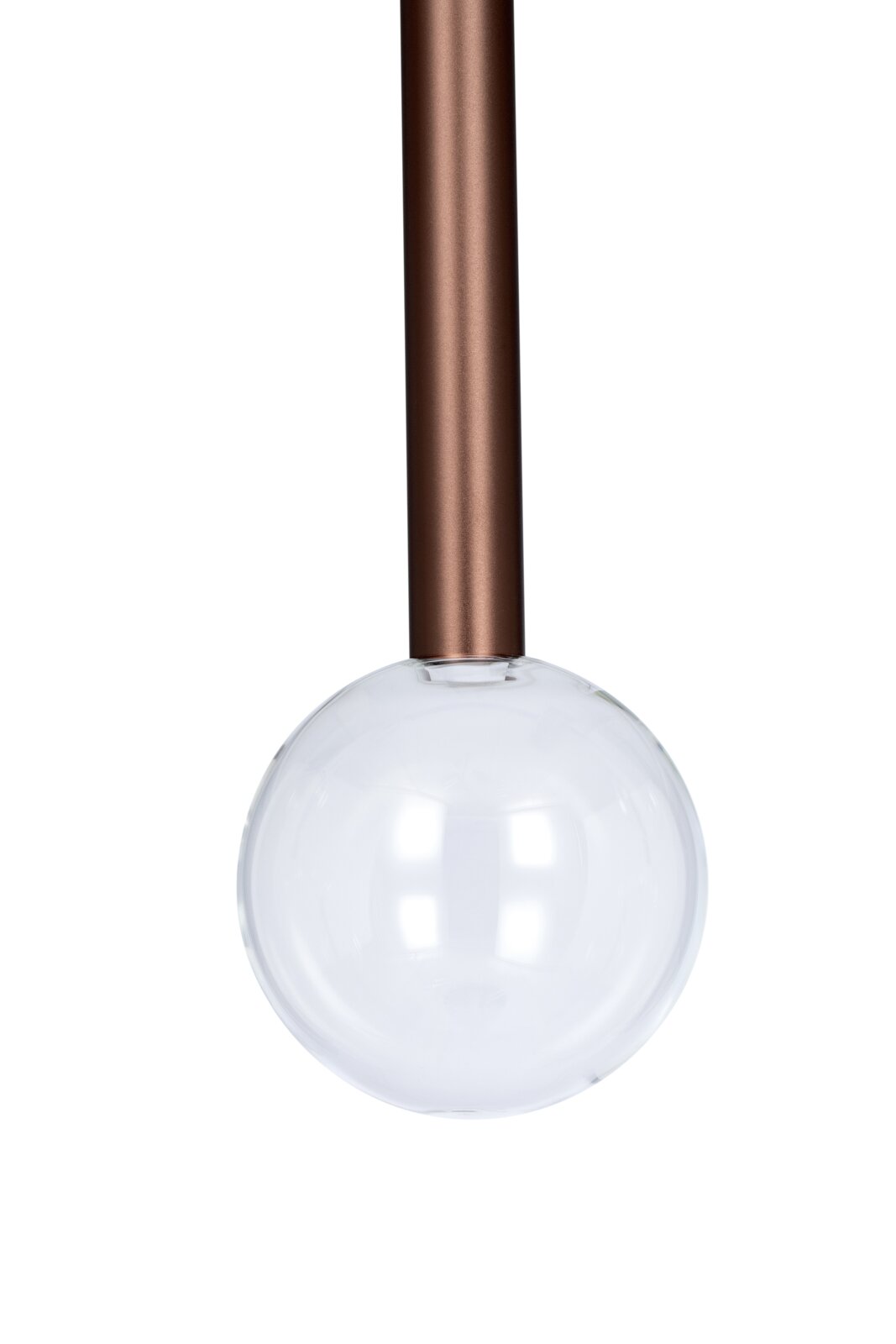 Moderne LED-Hängeleuchte mit klarem Glas und bronzefarbenem Stab, seitliche Perspektive
