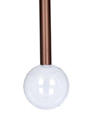 Moderne LED-Hängeleuchte mit klarem Glas und bronzefarbenem Stab, seitliche Perspektive